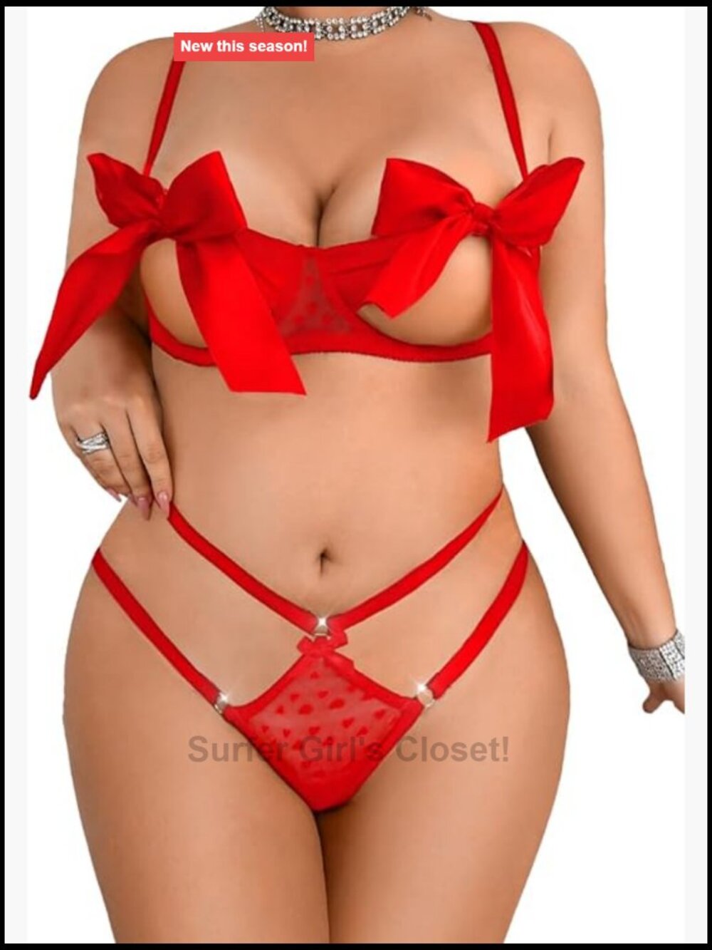 Plus Size Sheer Mesh Bow Lingerie Set, Unwrap Bra Panty Set, Valentines Gift